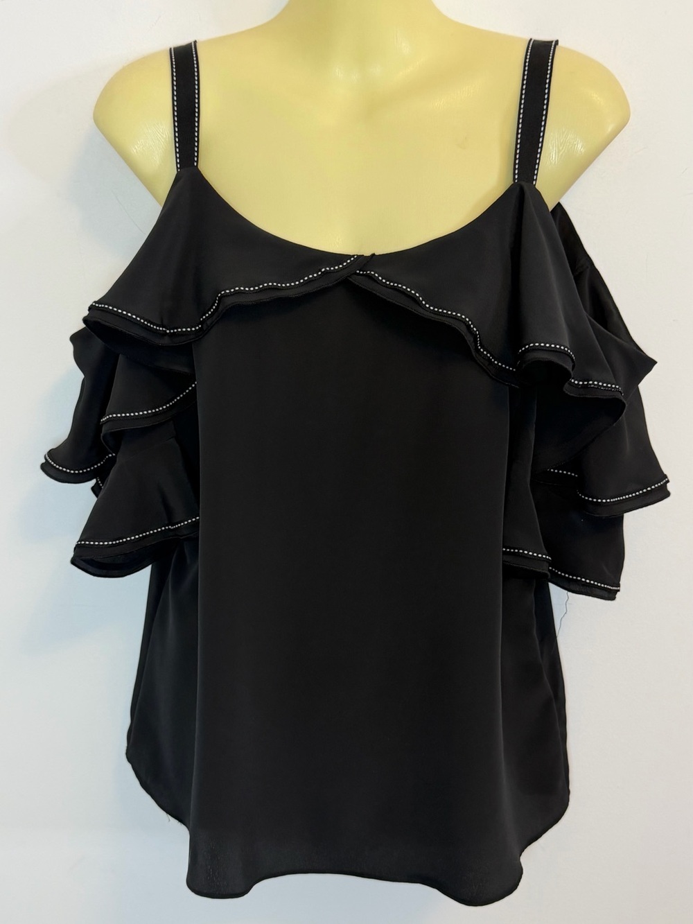Gibson Latimer Black Ruffle Cold-Shoulder Blouse with Ribbon Straps